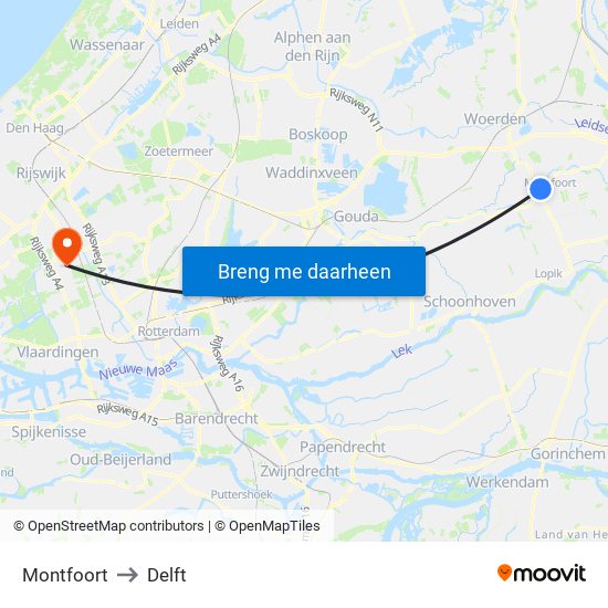 Montfoort to Delft map