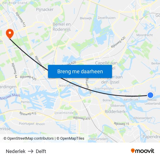 Nederlek to Delft map