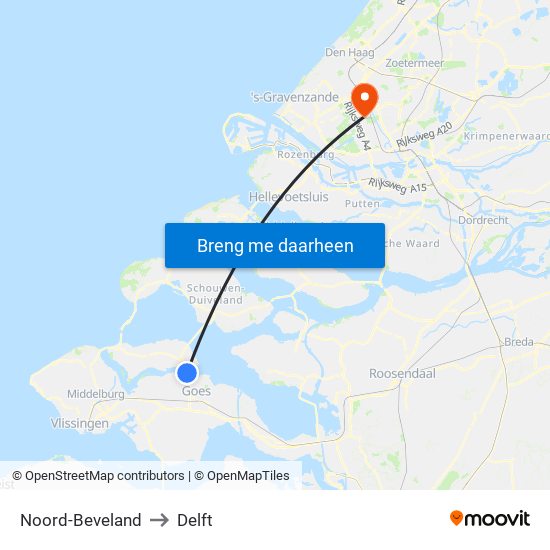 Noord-Beveland to Delft map