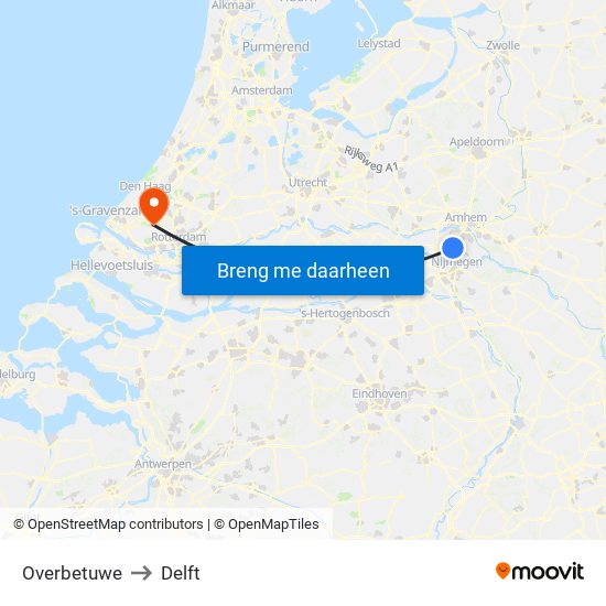 Overbetuwe to Delft map