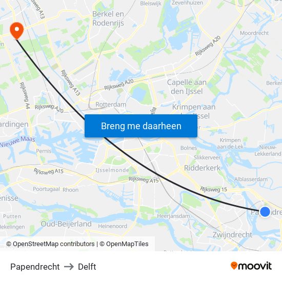 Papendrecht to Delft map