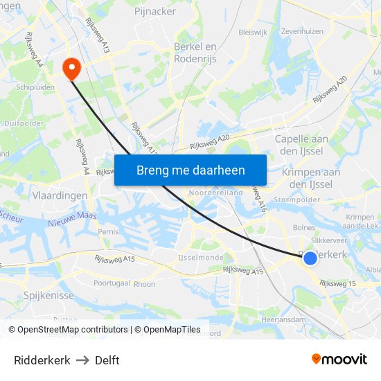 Ridderkerk to Delft map