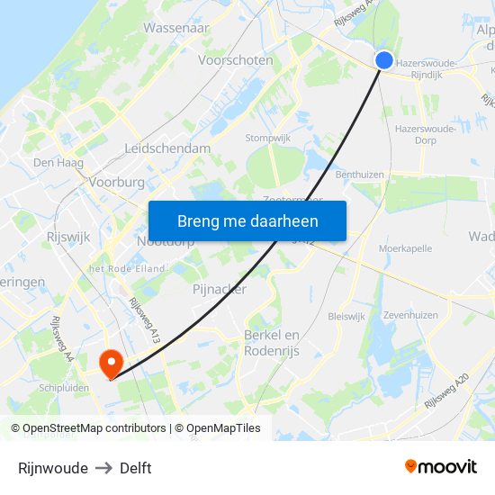 Rijnwoude to Delft map