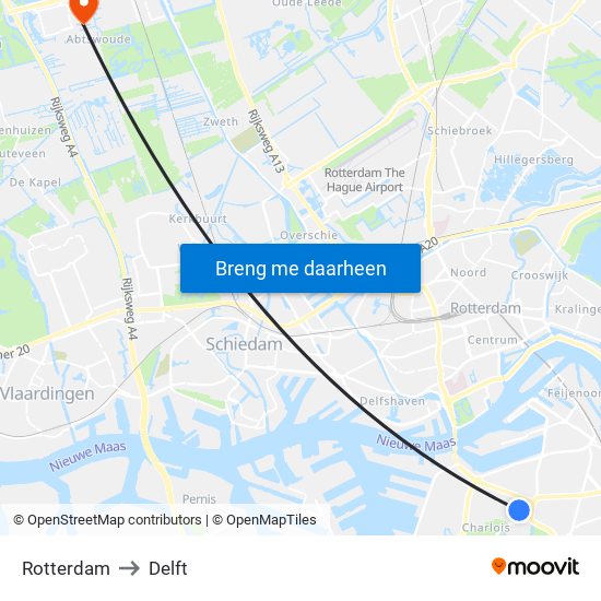 Rotterdam to Delft map
