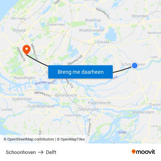 Schoonhoven to Delft map