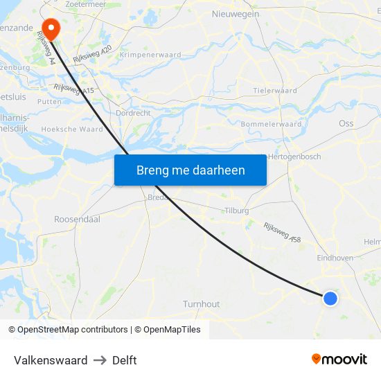 Valkenswaard to Delft map