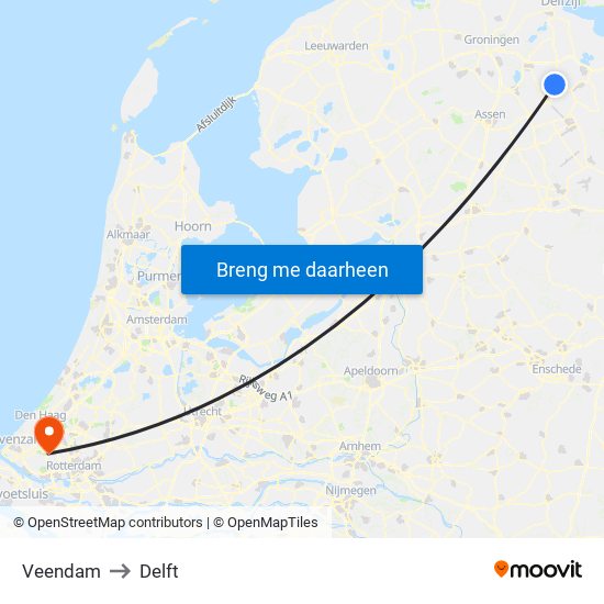 Veendam to Delft map