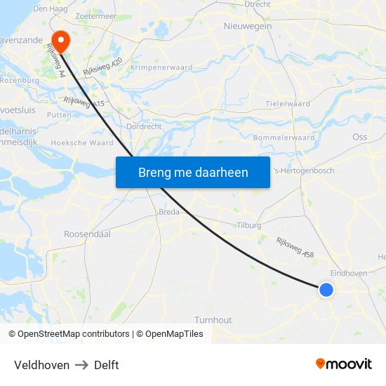 Veldhoven to Delft map