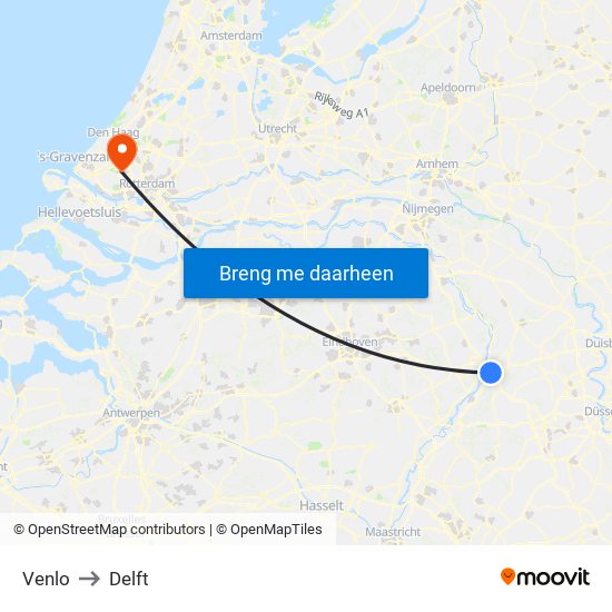 Venlo to Delft map