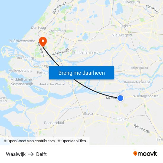 Waalwijk to Delft map