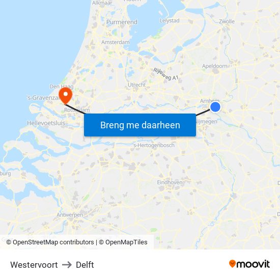 Westervoort to Delft map