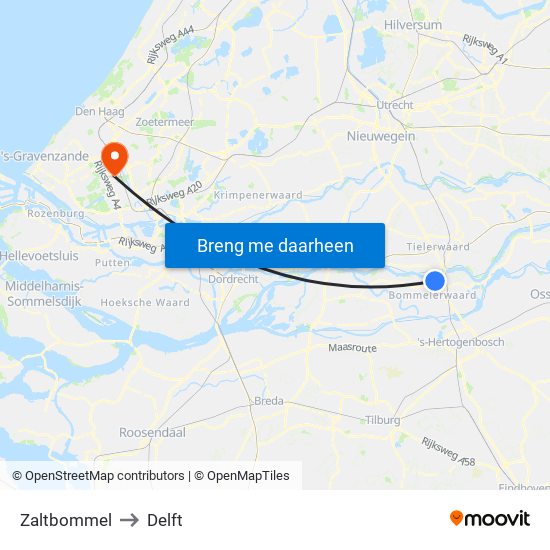 Zaltbommel to Delft map