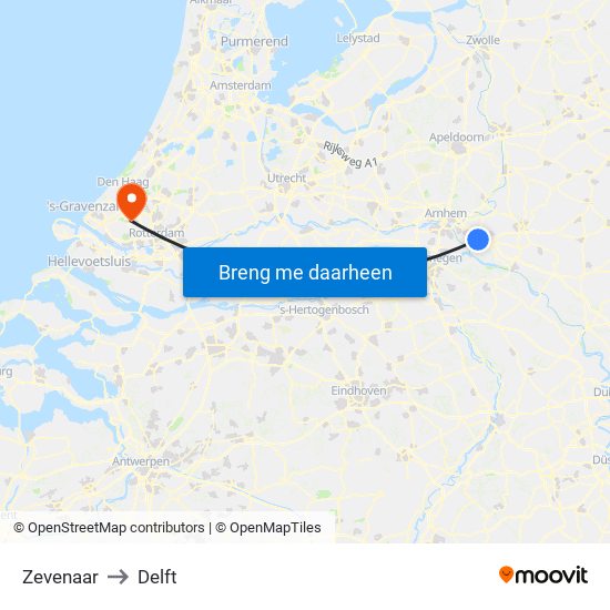 Zevenaar to Delft map