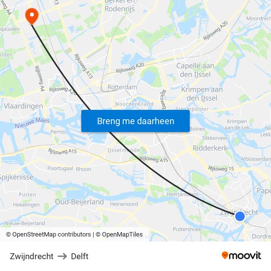 Zwijndrecht to Delft map