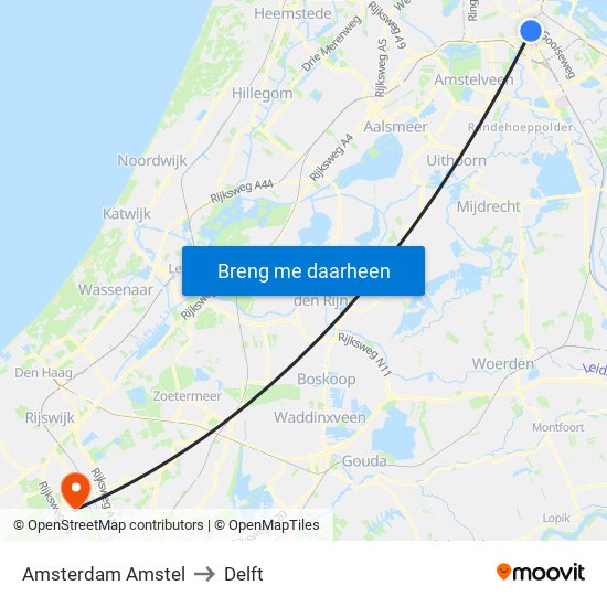 Amsterdam Amstel to Delft map