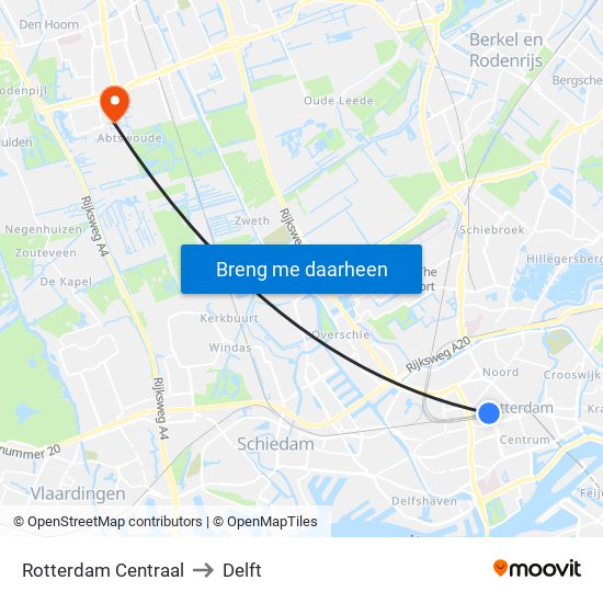 Rotterdam Centraal to Delft map