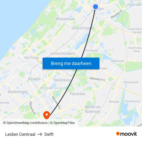 Leiden Centraal to Delft map
