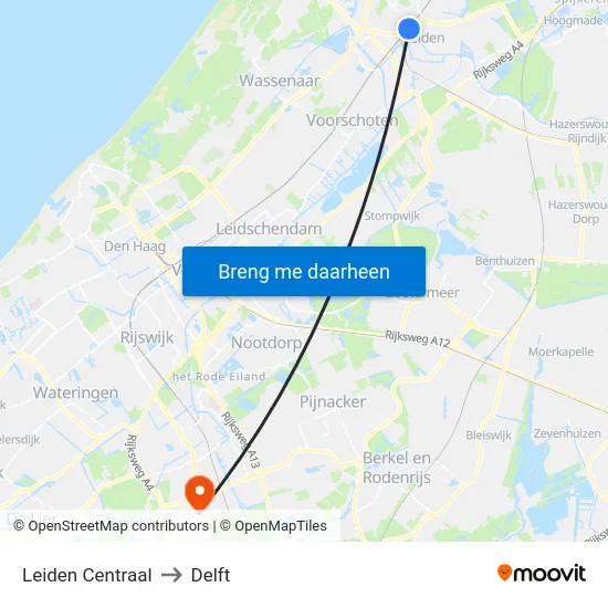 Leiden Centraal to Delft map
