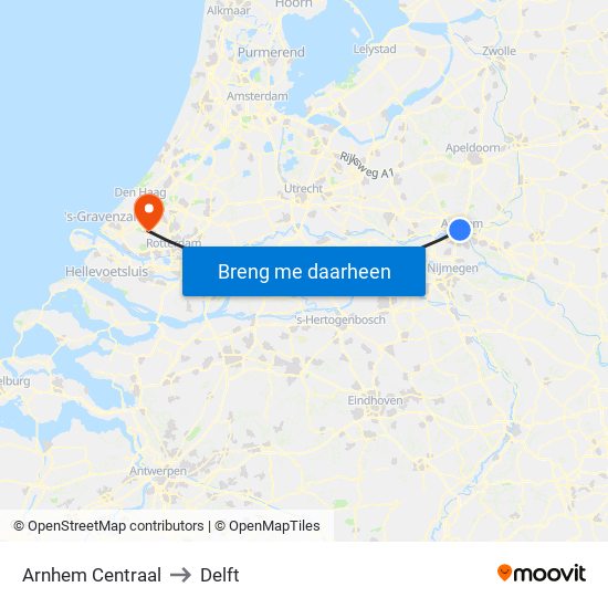 Arnhem Centraal to Delft map