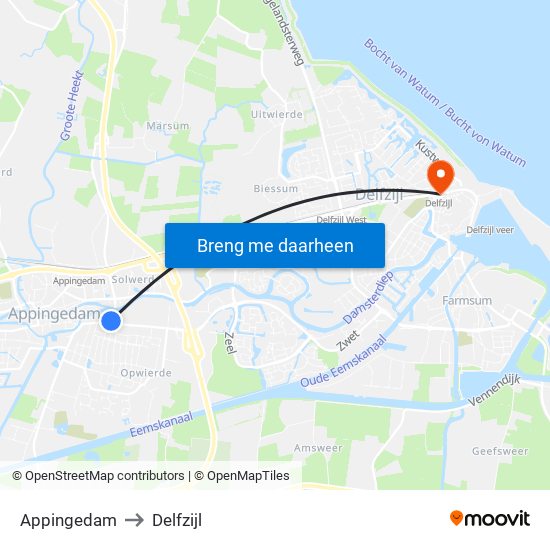 Appingedam to Delfzijl map