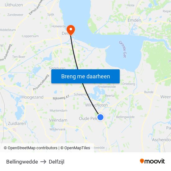 Bellingwedde to Delfzijl map
