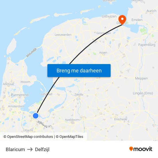 Blaricum to Delfzijl map
