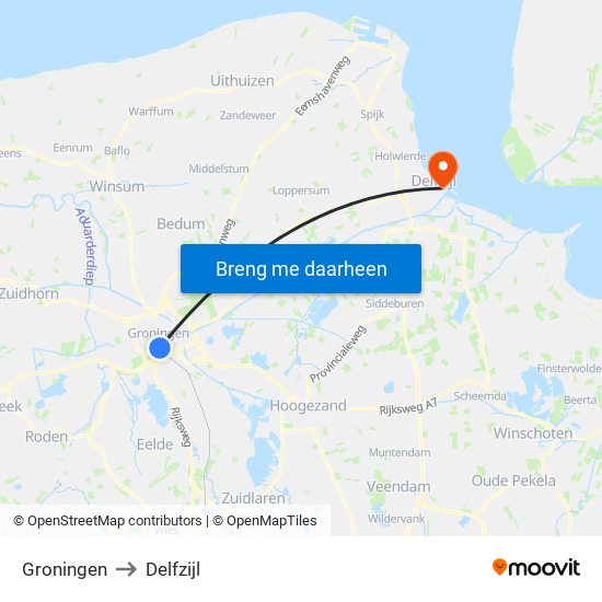 Groningen to Delfzijl map