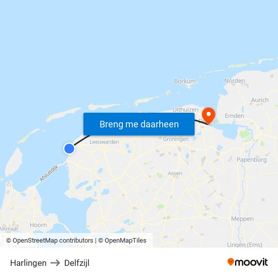 Harlingen to Delfzijl map