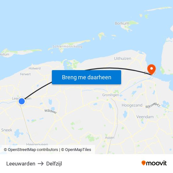 Leeuwarden to Delfzijl map