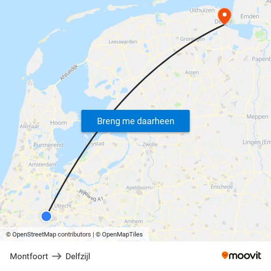 Montfoort to Delfzijl map