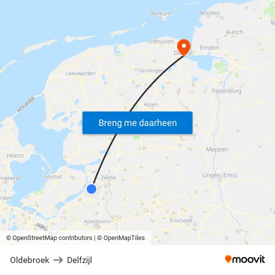 Oldebroek to Delfzijl map