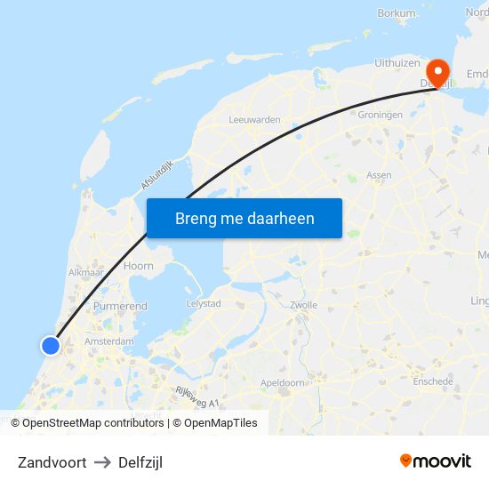 Zandvoort to Delfzijl map