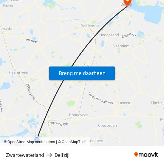 Zwartewaterland to Delfzijl map