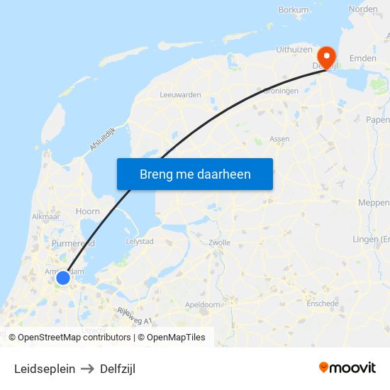 Leidseplein to Delfzijl map