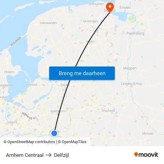Arnhem Centraal to Delfzijl map