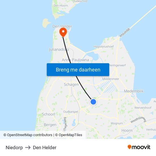 Niedorp to Den Helder map