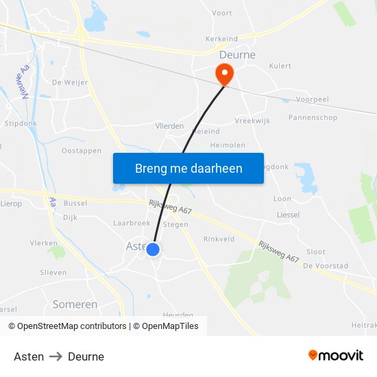 Asten to Deurne map