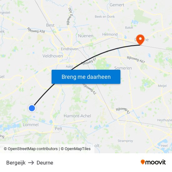 Bergeijk to Deurne map