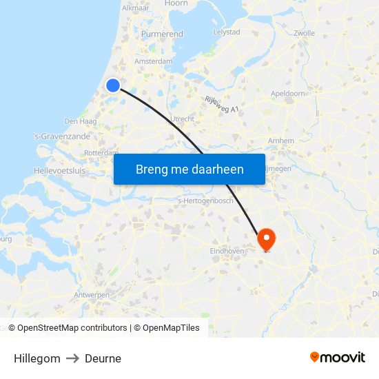 Hillegom to Deurne map