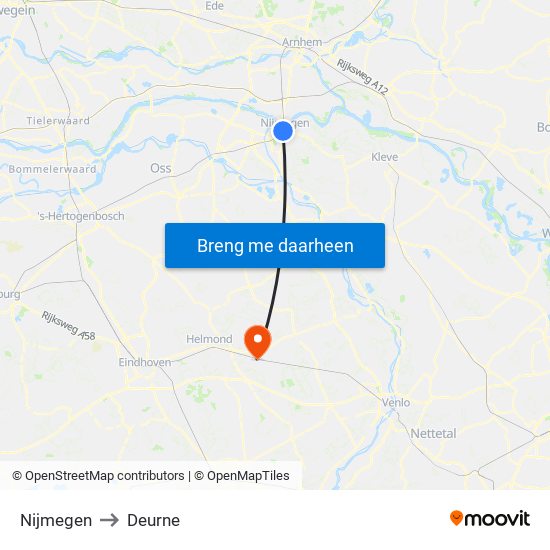 Nijmegen to Deurne map