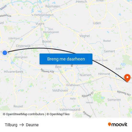 Tilburg to Deurne map