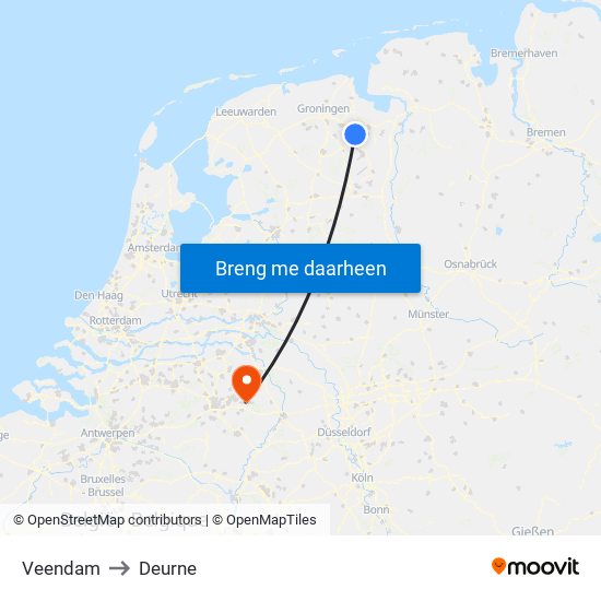Veendam to Deurne map