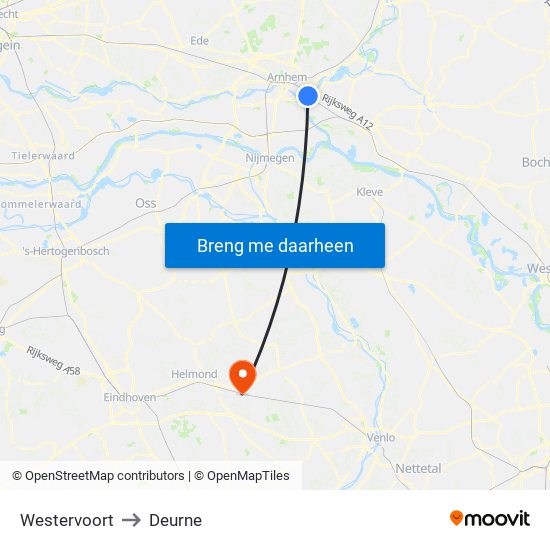 Westervoort to Deurne map