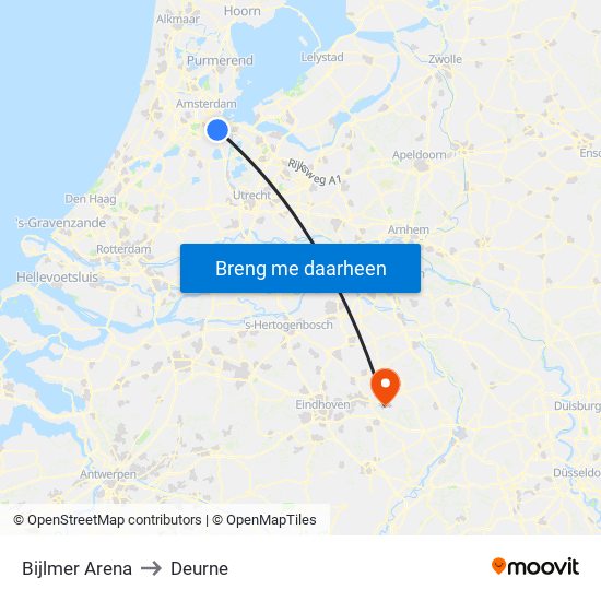 Bijlmer Arena to Deurne map