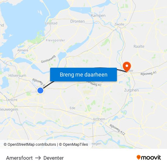 Amersfoort to Deventer map