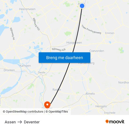 Assen to Deventer map