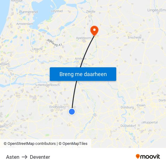 Asten to Deventer map