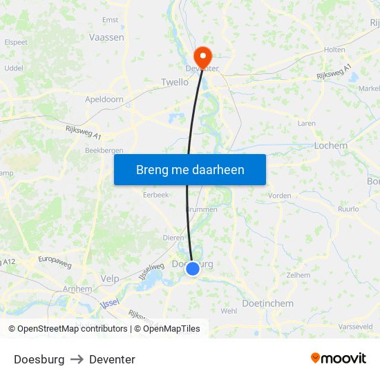 Doesburg to Deventer map