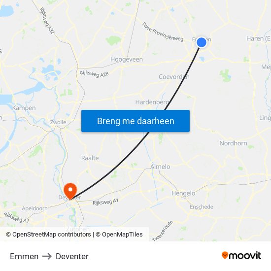 Emmen to Deventer map