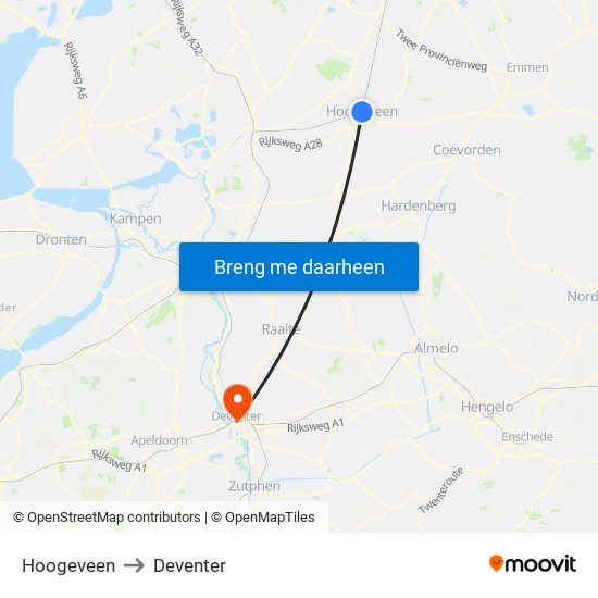 Hoogeveen to Deventer map